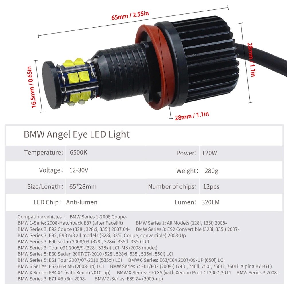 Farol de Led Olhos de Anjo 6500k para Bmw Automotivo Halo Anel Lâmpada E92 E93 E63 Lâmpadas E70 Acessórios Automotivos Interior h8 120w 8 Automóveis e motos