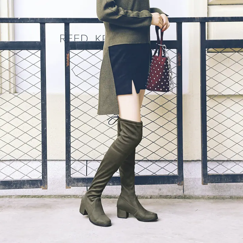 Women Boots Square low Heel Over The Knee Boots Stretch Boots Slip On Autumn Winter Fashion Stretch Knee High Boots Long Boots