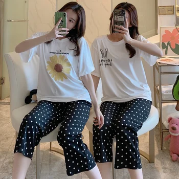 

2020 Summer Short Sleeve Calf Length Pajamas Sets for Women Polka Dot Loose Sleepwear Suit Pyjamas Homewear Pijama Mujer Clothes