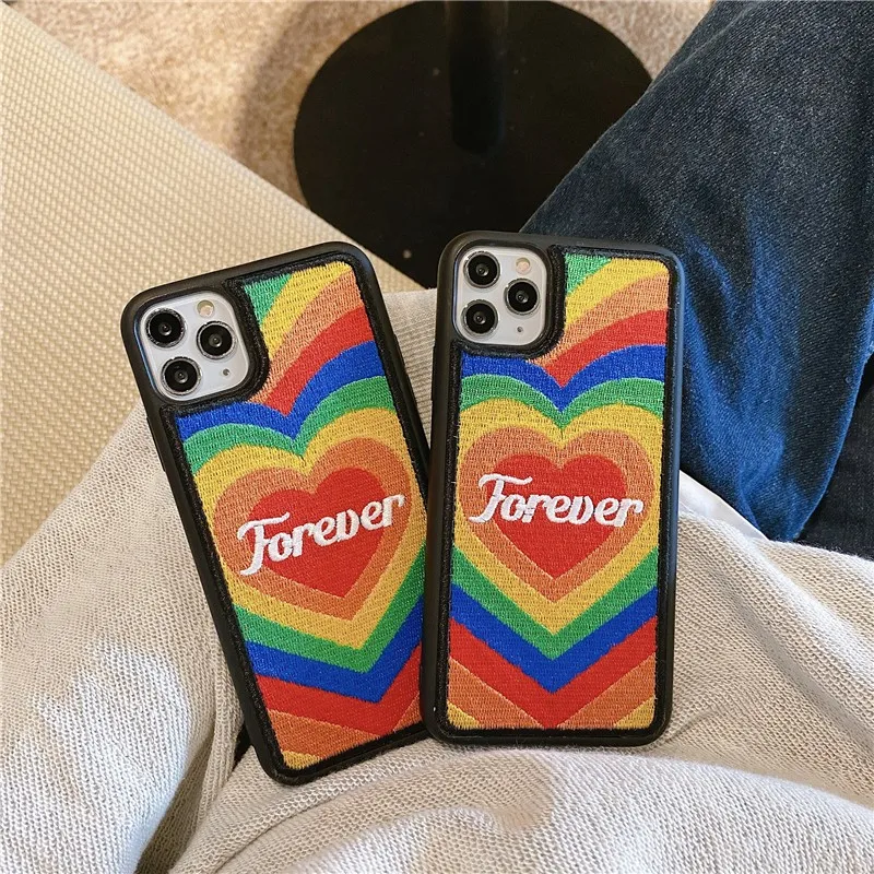 

Cute Embroidery color Heart letter female Case For iPhone 11 12 Pro Max mini 7 8 Plus XR X XS MAX SE 2 hard phone cover fundas