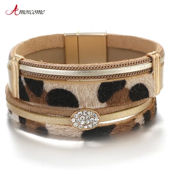 

Amorcome Rhinestone Animal Print Leather Bracelets for Women 2019 Fashion Leopard Wide Multilayer Wrap Bracelet Female Jewelry