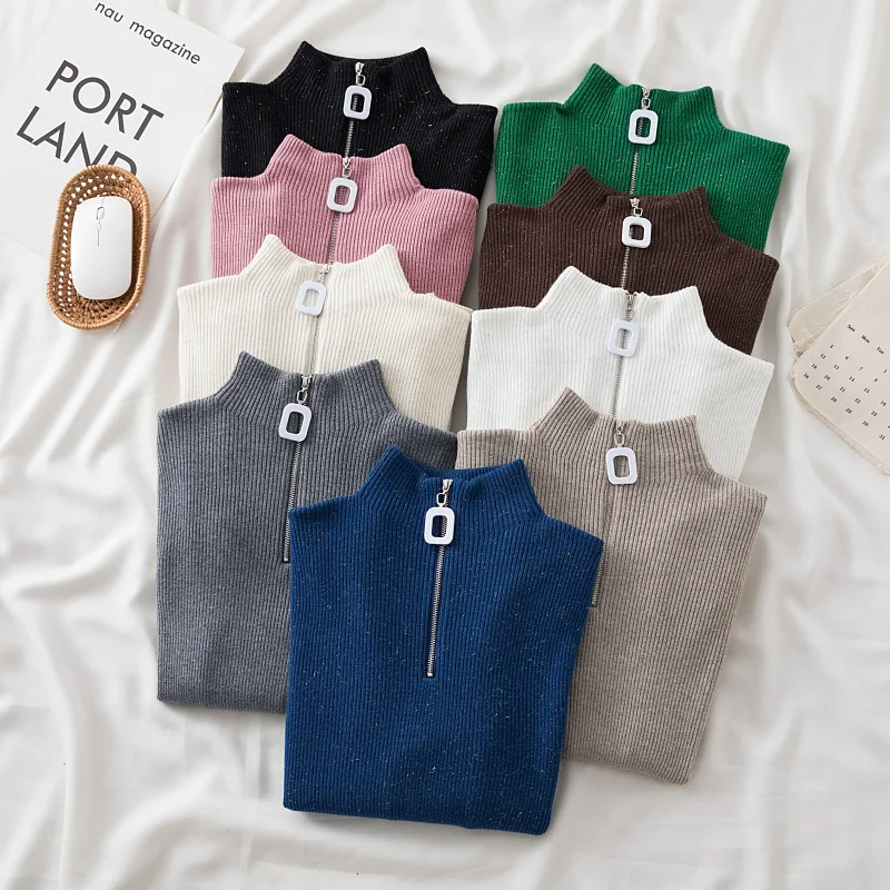 

Croysier 2021 Women Autumn Winter Clothes Jumper Zipper Mock Neck Long Sleeve Ribbed Sweater Pullovers Elegant Knitted Sweaters