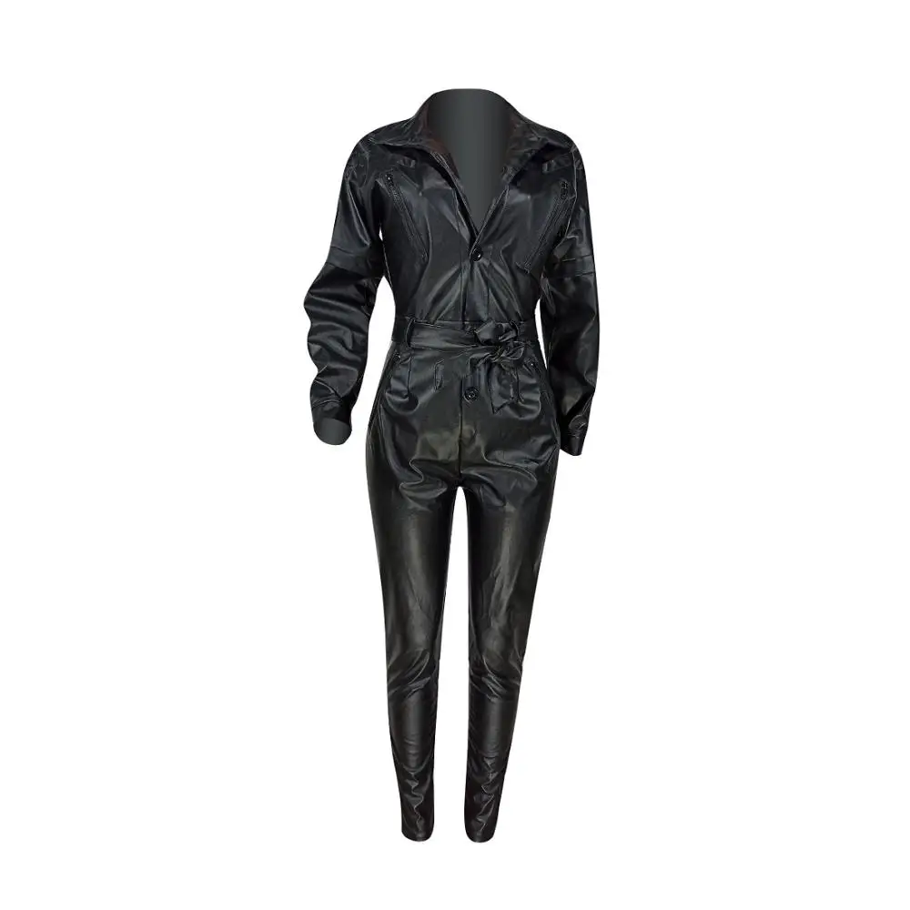 Черные кожаные облегающие комбинезоны с высокой талией и пуговицами; модная крутая Одежда для девочек; комбинезоны с отложным воротником в байкерском и байкерском стиле; YD8141G