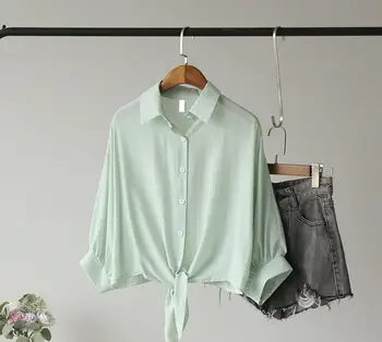 

new 2020 Simple style summer women's lace-up shirt em8 solid color short shirt AA608-01-13