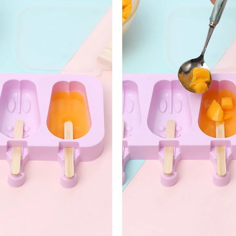 Силиконовая милая форма для мороженого с крышкой Diy Мороженица с 100x Деревянными Палочками, 2 шт