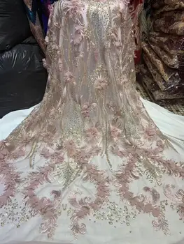 

New high quality African jacquard feather lace fabric 2020 French lace with 3D hot diamond sequined material wedding dress