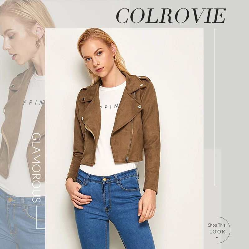 COLROVIE Brown Waterfall Collar Zipper Suede Biker Women Autumn Streetwear Ladies Crop Jackets Solid Casual Outerwear