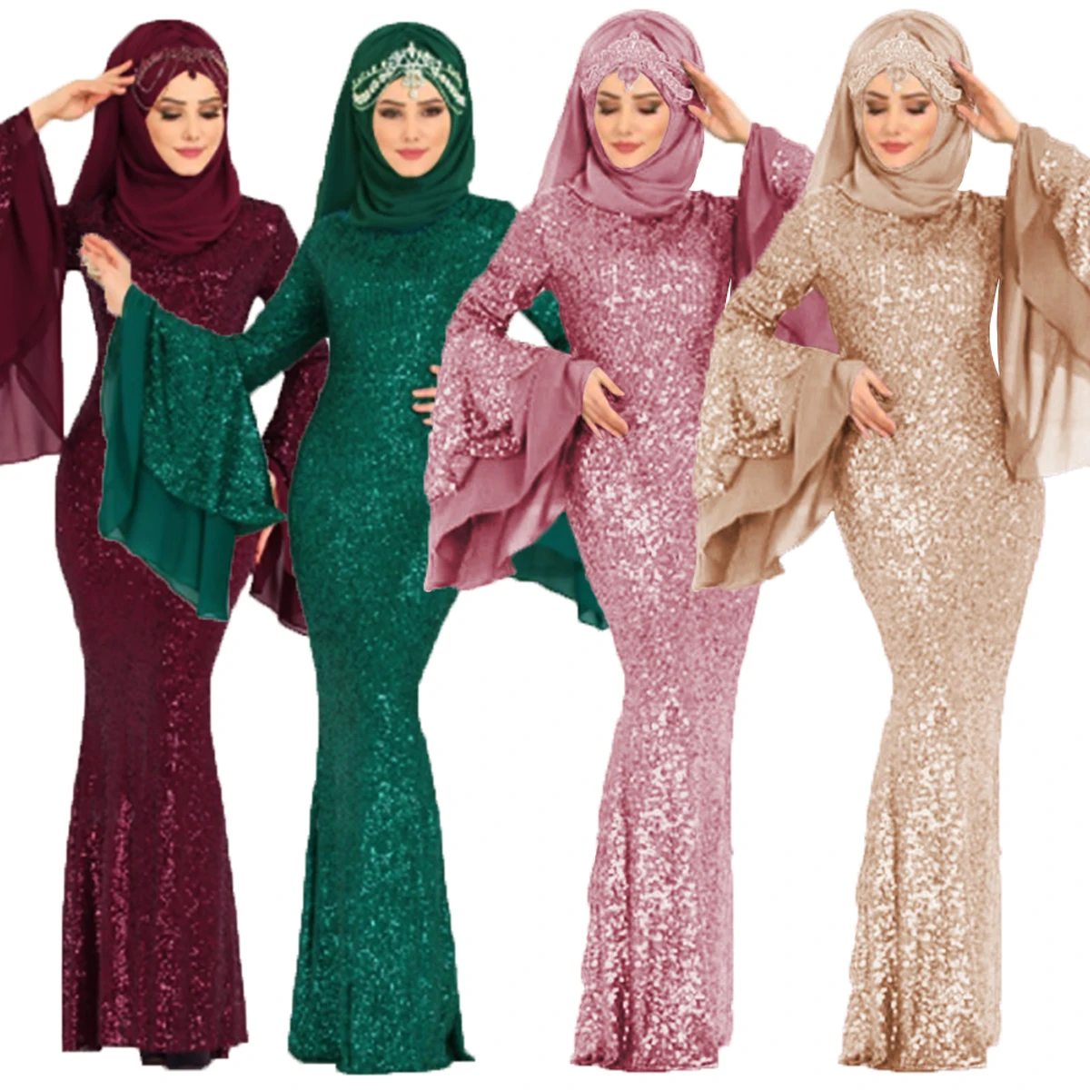 Блесток мусульманский ислам кафтан abaya Макси длинное обтягивающее платье Стиль Мода для женщин длинный рукав вечерние платья
