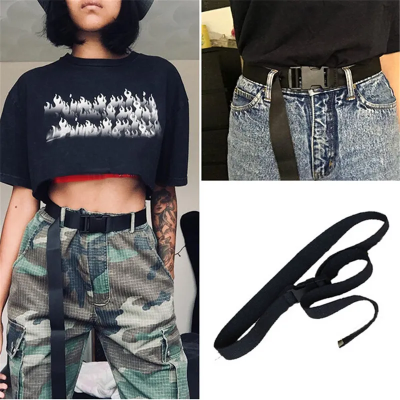 

New Femme Harajuku Solid Color Long Belts Black Canvas Belt for Women Casual Female Waist Belts with Plastic Buckle Ceinture