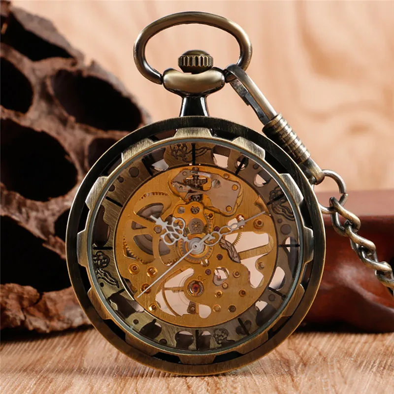 Black/Bronze Unisex Hand-winding Mechanical Pocket Watch Steampunk Transparent Open Face Case with Pendant FOB Chain Timepeice