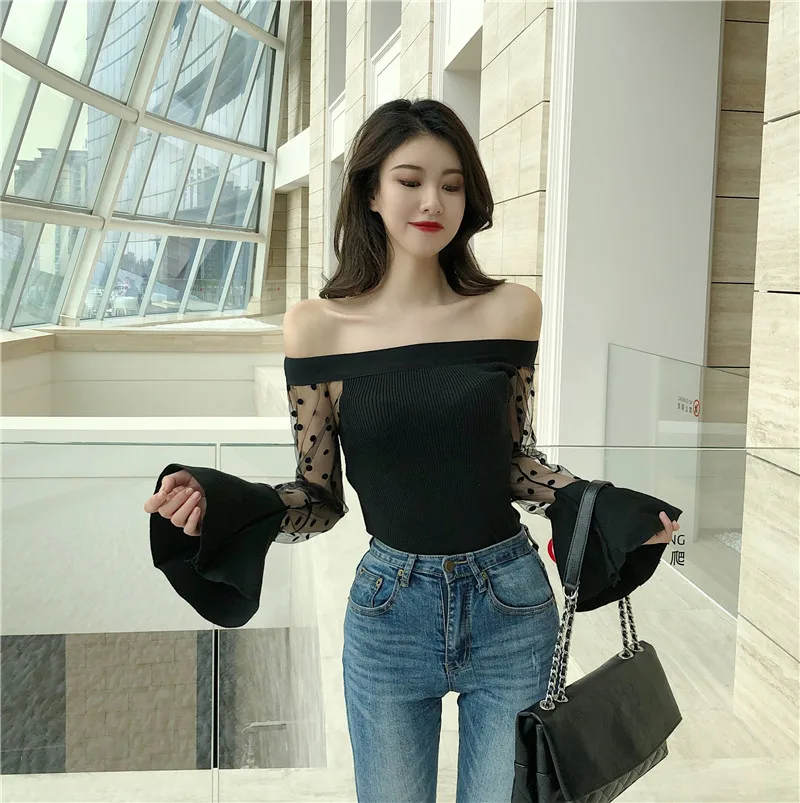 WHITNEY WANG Autumn Fashion Streetwear Sexy Slash neck See Through Mesh Patchwork Knitted Slim Tops Women t shirt