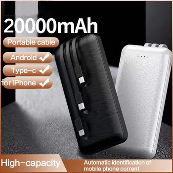 

Power Bank 20000mAh Built-in 3 Cables Powerbank for iPhone 11 pro X 8 7 External Battery Pack for Xiaomi Poverbank with Bracket