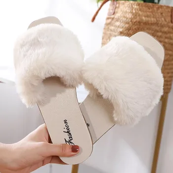 

2020 new casual slippers ladies fluffy flip flops women's slippers Z slip slip buckle fluffy artificial fur flat