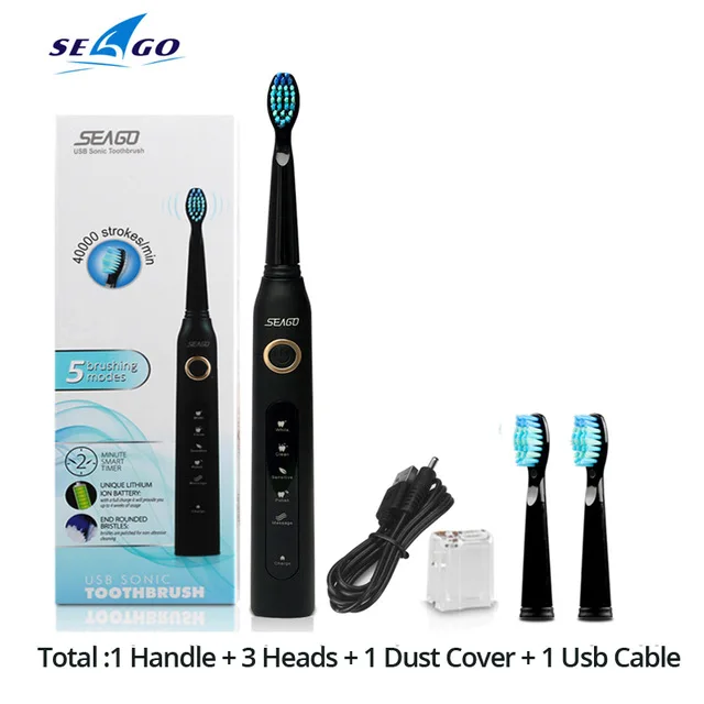 Seago SG-507, электрическая зубная щетка для взрослых с таймером, электрическая зубная щетка с зарядкой от USB, 3 шт., Сменная головка щетки - Цвет: Черный
