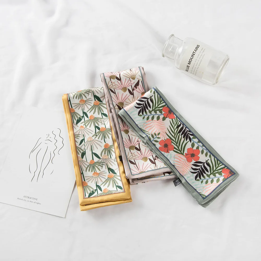 

2020 Small Silk Hair Scarf Women Foulard Neck Wrap 90cm Square Kerchief Soft Bandana flowers Print Lady Head Band Scarves Tie