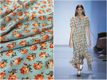 

140 * 50cm Pure Silk Crepe -De-Chine Fabric Brand Mint Green Orange Small Floral Printed Dress Shirt Advanced Design Materials