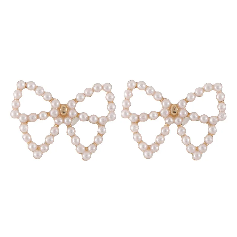 

Korean Fashion Hollow Bowknot Stud Earrings for Women Simulated Pearls Bow Tie Clip On Earrings Without Pierced Jewelry Gifts