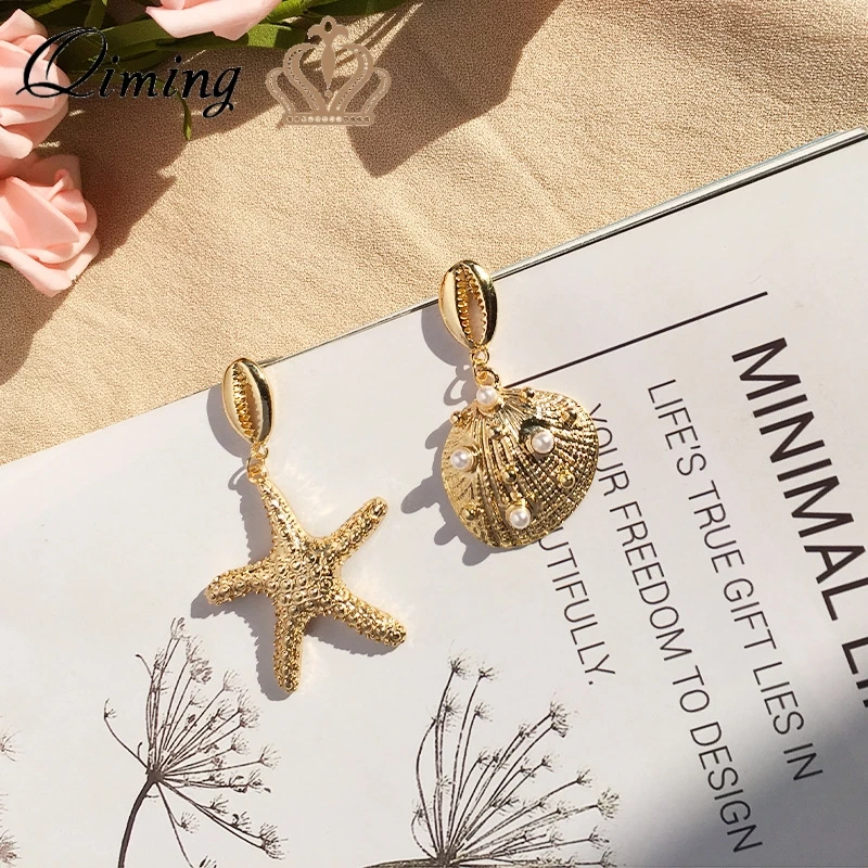 

QIMING Pearl Starfish Star Women's Earring Sea Conch Shell Beach Summer Jewelry Dangle Earrings Birthday Gifts Gold Earring