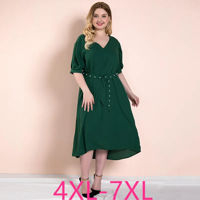 Женское летнее длинное платье размера плюс для женщин, большие свободные повседневные Прямые Платья с коротким рукавом и v-образным вырезом, зеленый пояс, 4XL 5XL 6XL 7XL