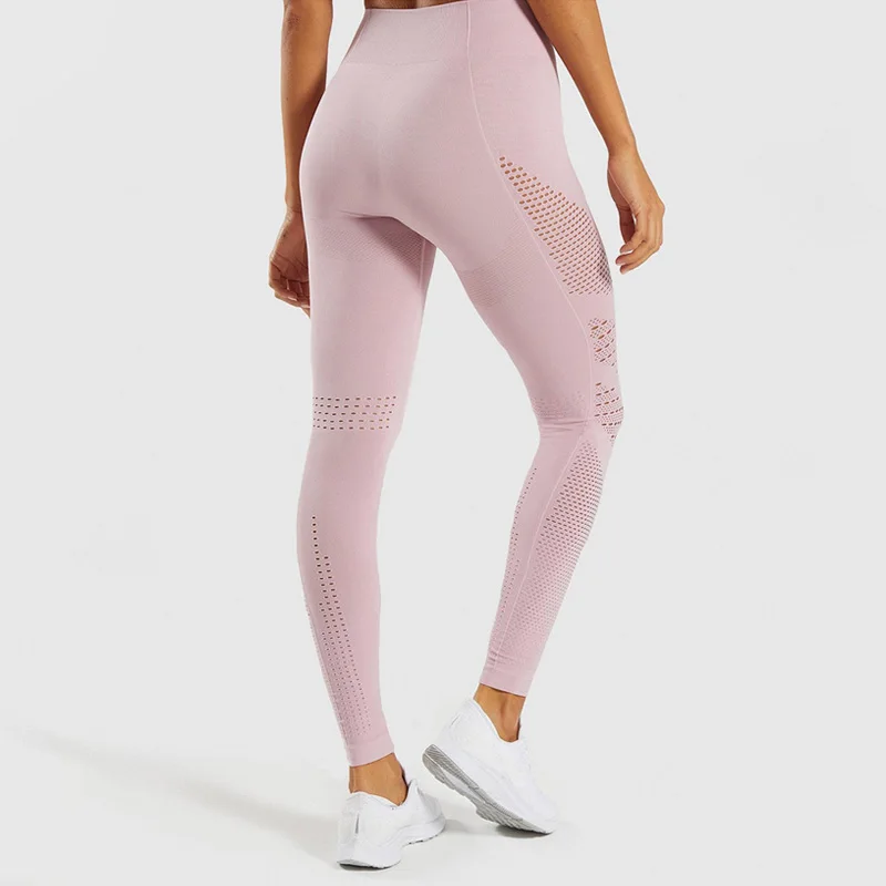 Pink NORMOV Casual Seamless Women Leggings Fitness High Waist Push Up Ankle Length Hollow Out Polyester Leggin Workout Solid Leggings - Color: Pink