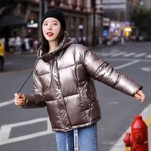 Женское короткое глянцевое зимнее пуховое пальто с капюшоном больших размеров, женская тонкая Свободная куртка, Толстая теплая ватная парка с большим карманом