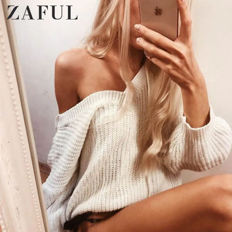 Ceny ZAFUL wysokiej jakości gruby ciepły sweter damski moda dzianiny miękki sweter Jumper jesień dekolt opuszczane ramiona Top damskie swetry