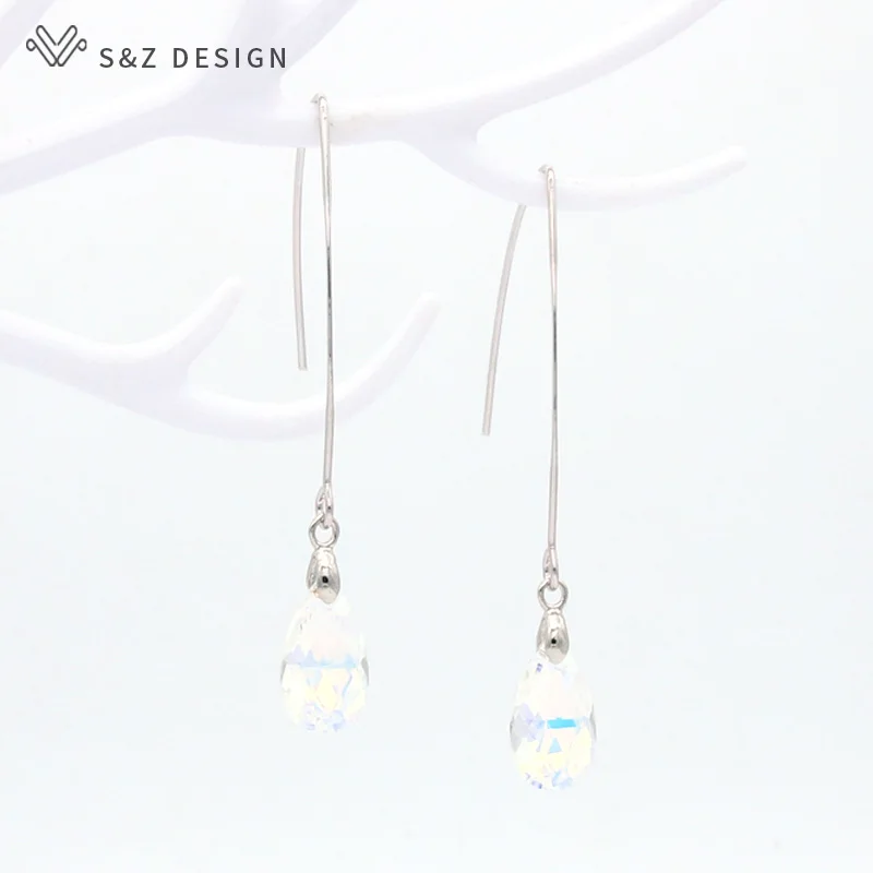S&Z DESIGN New Fashion White Gold Color Water Drop Crystal Dangle Earrings Simple Long Ear Hook For Women Party Jewelry Gift