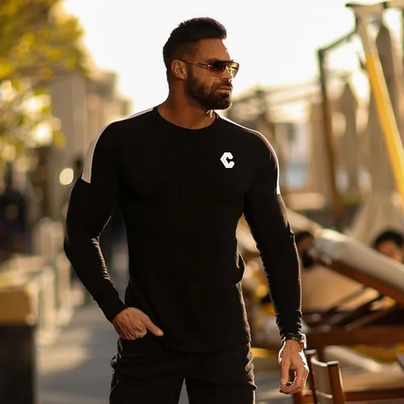 

Men long sleeve t-shirt Gyms Fitness Bodybuilding Running sport Tee Male autumn breathable patchwork clothing