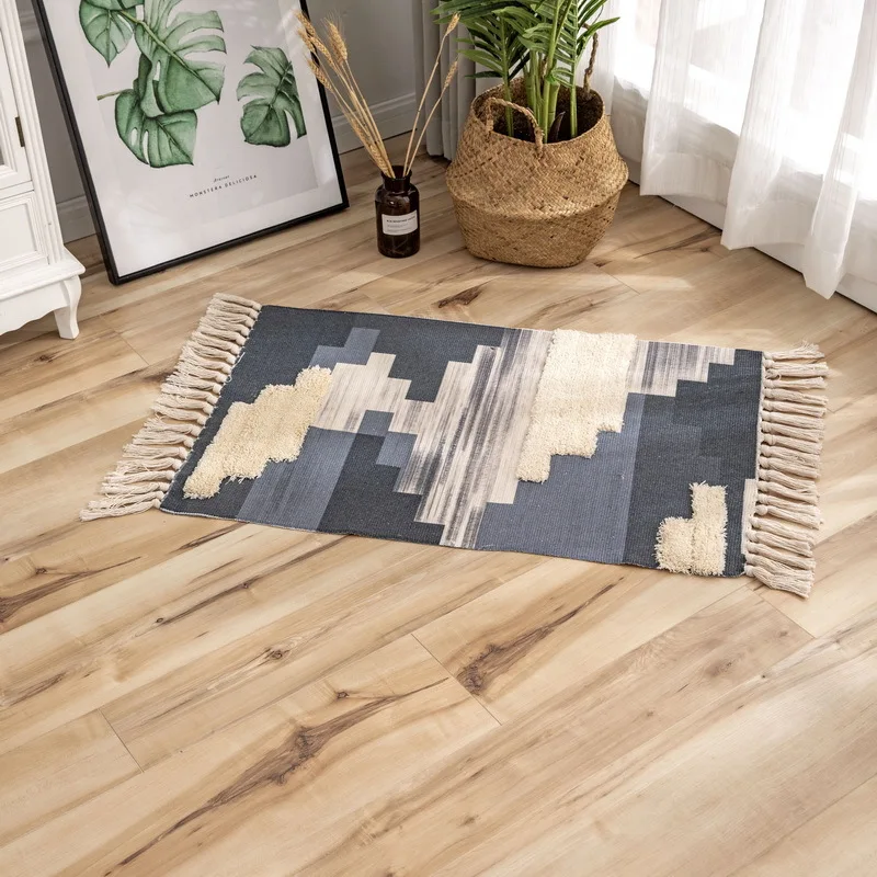 Retro Bohemian Hand Woven Cotton Linen Carpet Morocco Printed Area Rugs Tufted Tassels Anti Skid Pad Throw Rug Bath Doormat non slip carpet