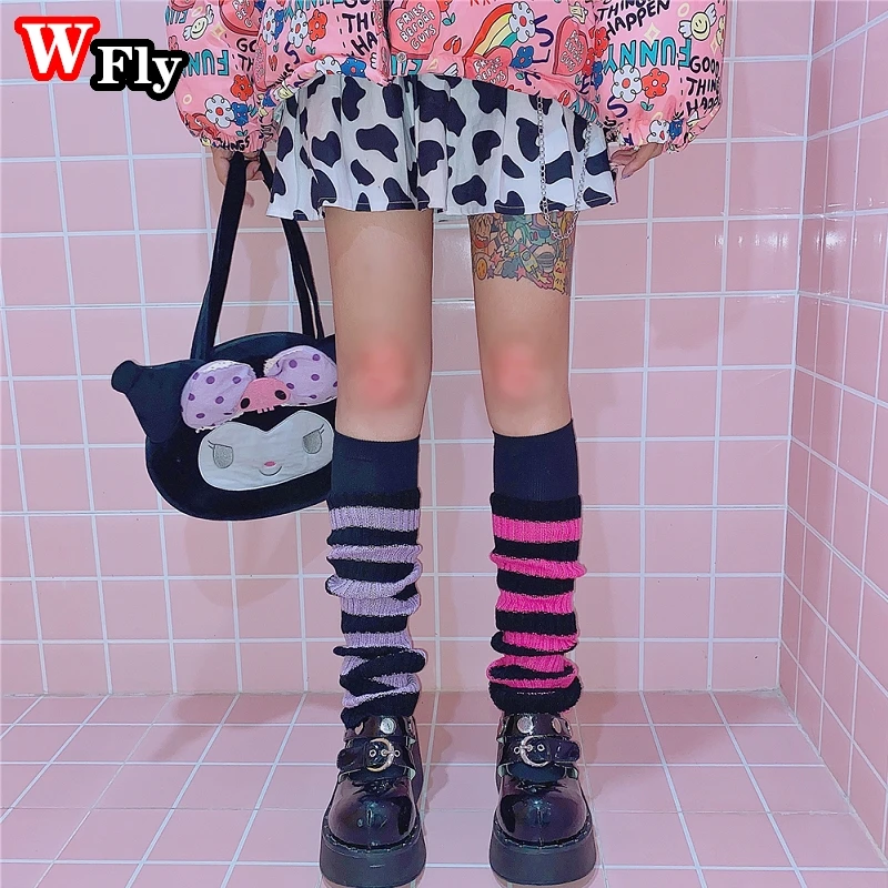 Description Picture 4 of itemY2K Girl Goth Striped Women Leg Warmers Lady Cute Jk Stretch Knee-length Fashion Hipster Warm Knit Sock Foot warming cover
