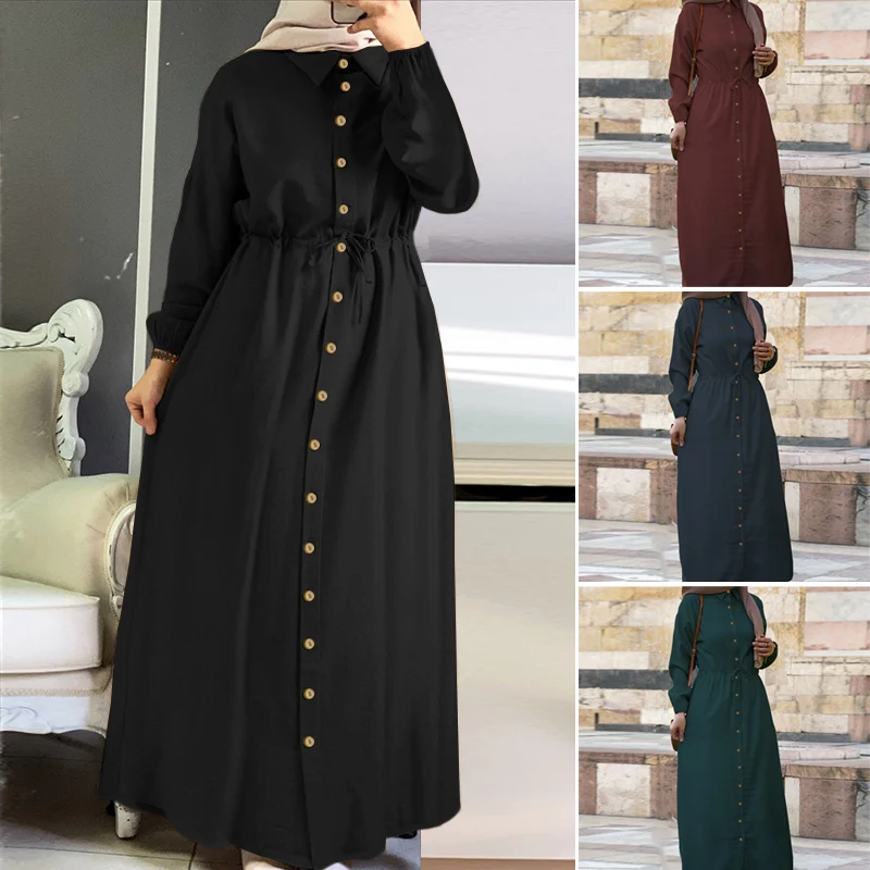 Retro Muslim Shirt Dress Womens Puff Sleeve Sundress ZANZEA 2020 Casual Drawstring Maxi Vestidos Female Button Robe Oversized