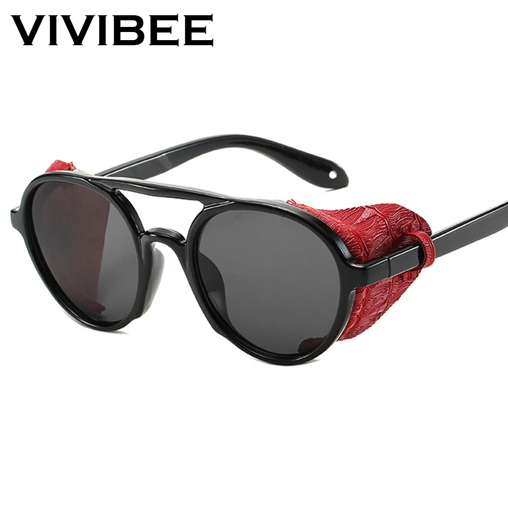 VIVIBEE стимпанк Круглые Солнцезащитные очки Мужские трендовые женские черные готические кожаные солнцезащитные очки Панк очки