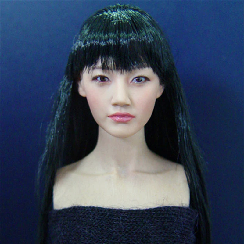 1/6  kumik KM-038 Female Long Black Hair Head Carving Bangs Head Model Toy 