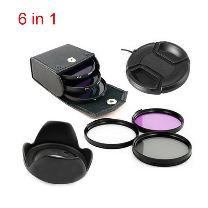 6 in 1 set 52 мм/55 мм/58 мм/62 мм/67 мм/72 мм/82 мм UV+ CPL+ FLD фильтр 6 в 1 Набор для DSLR Canon Nikon sony объектив+ бленда+ крышка объектива с центральным зажимом - Цвет: 6 in 1 set