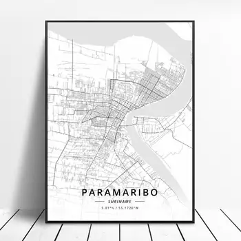 

Black and White Paramaribo Suriname Latitude Longitude Canvas Art Map Poster