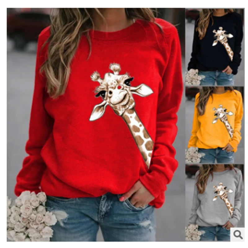 

2020Autumn And Winter Fashion Women'sPrintedCartoon Animal Cute Elephant And Giraffe Crew Neck Pullover. Size: S-3XL
