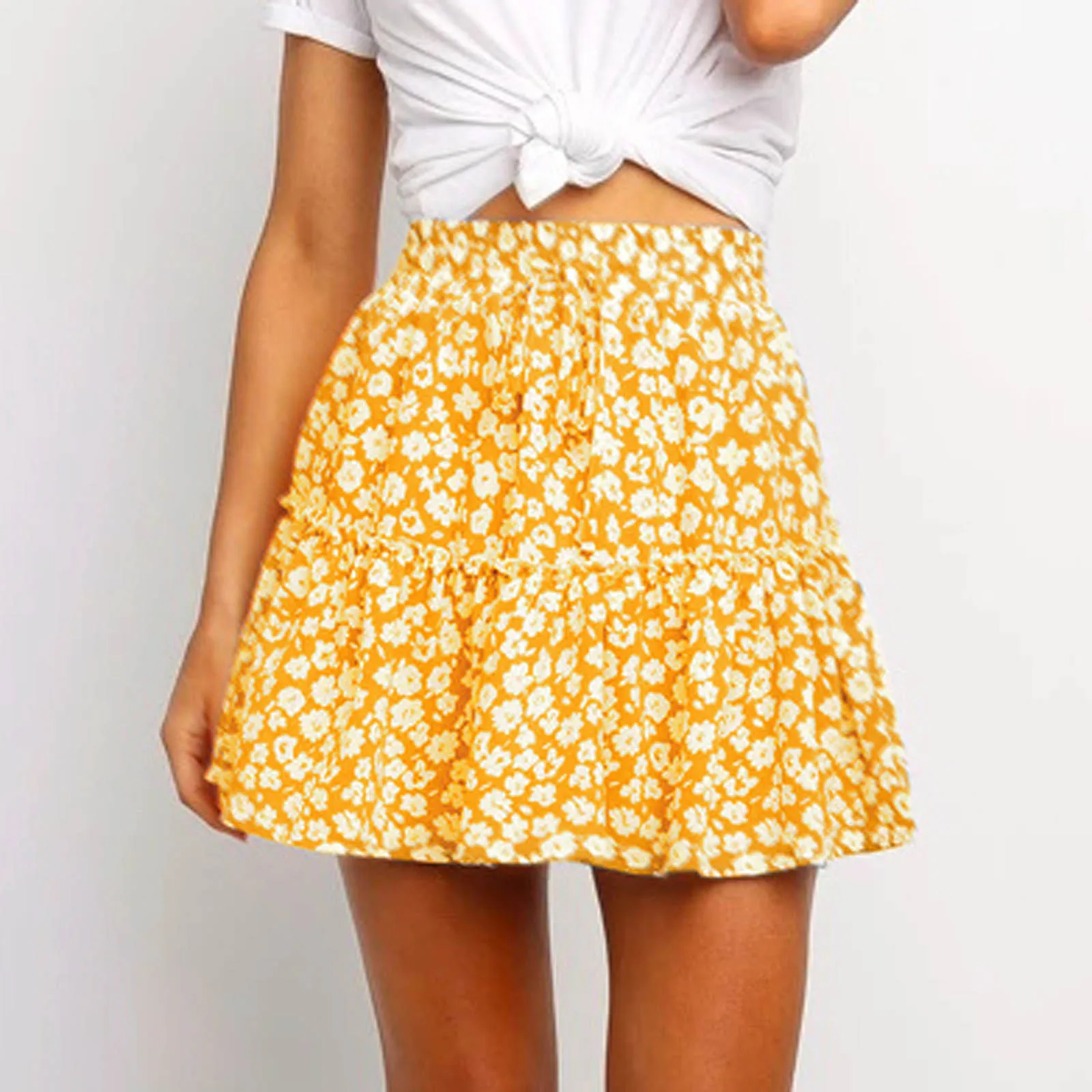 Las mujeres Casual imprimir volantes faldas damas encaje plisado con vendaje Falda corta de moda elegante Irregular faldas cortas ajustadas #20