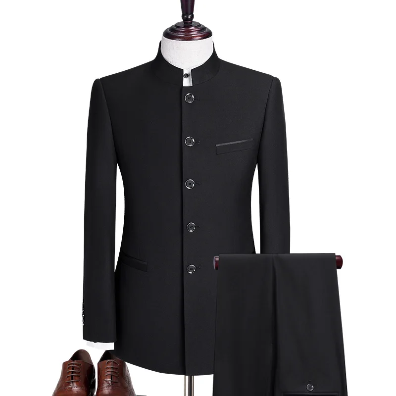 Пиджак и брюки китайские костюмы туники мужской черный костюм с воротником