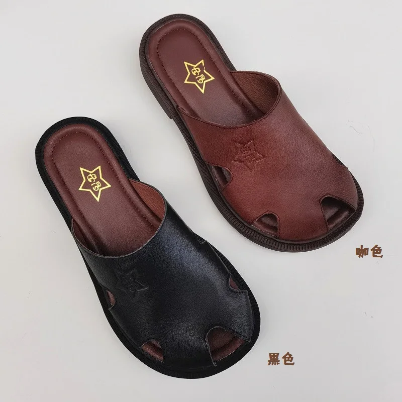 Careaymade-Genuine Leather big shoes wide version sandals women's  pure original leather single soft sole turtle Baotou slippers