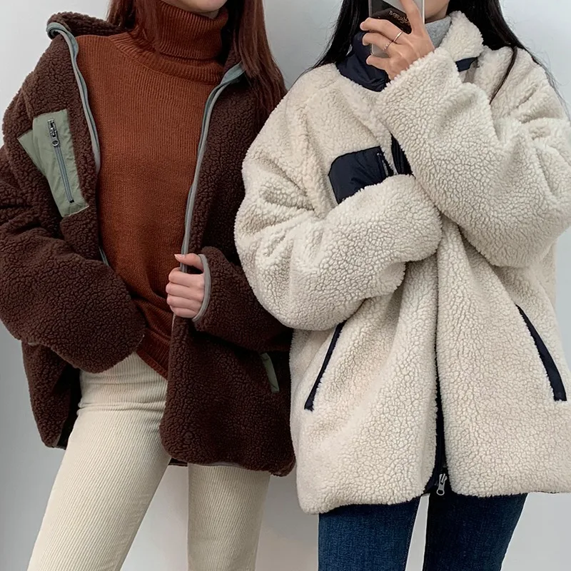 

2019 Autumn And Winter New Style South Korea Berber Fleece Stand Collar Reversible Zip-up Jacket Mixed Colors Jacket Large Size