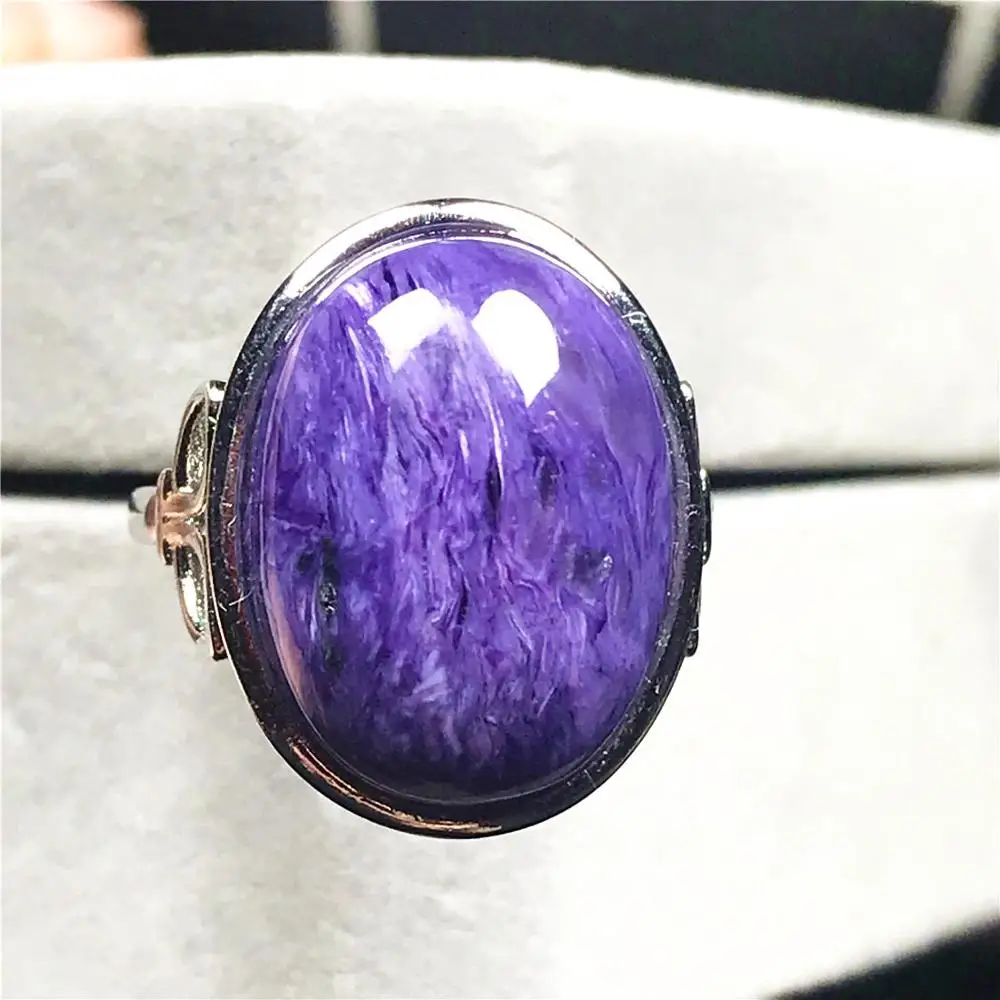 

21x16mm Natural Purple Charoite Ring Jewelry For Woman Lady Man Crystal Silver Oval Beads Stone Love Gift Adjustable Ring AAAAA