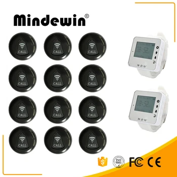 

Mindewin Restaurant Wireless Service Calling System 12PCS Service Call Button M-K-1 and 2PCS Watch Pager M-W-1