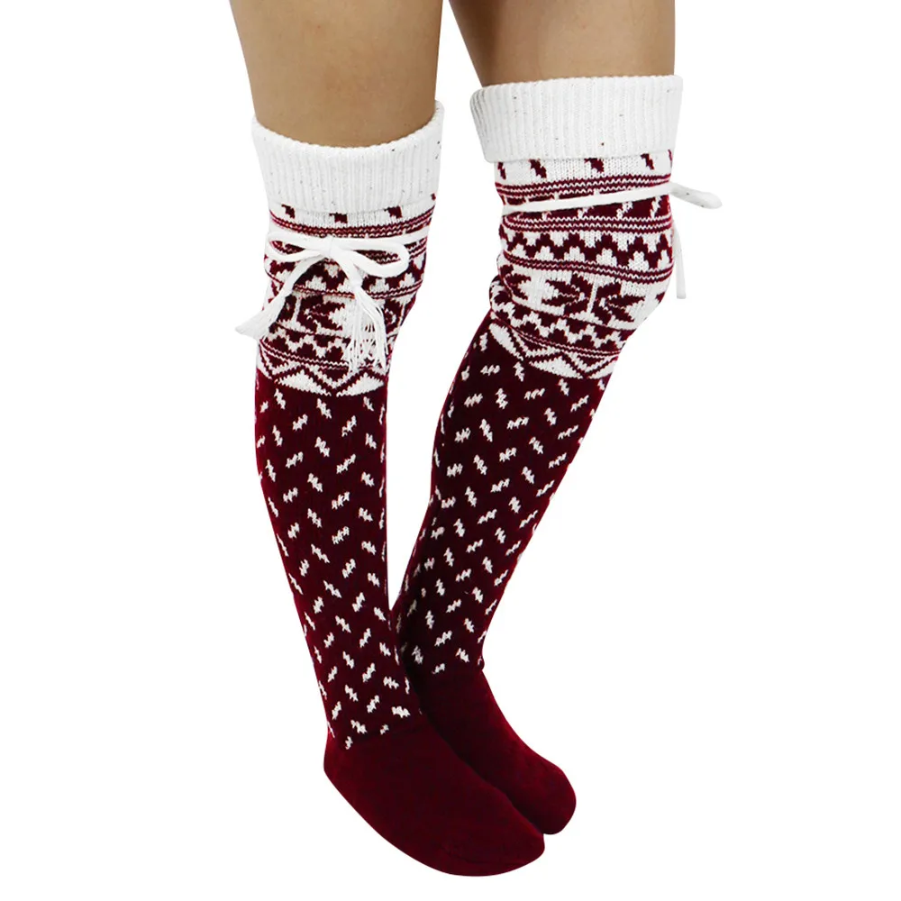 1 пара, модные женские зимние теплые гольфы с рождественским принтом, теплые вязаные носки выше колена, забавные носки