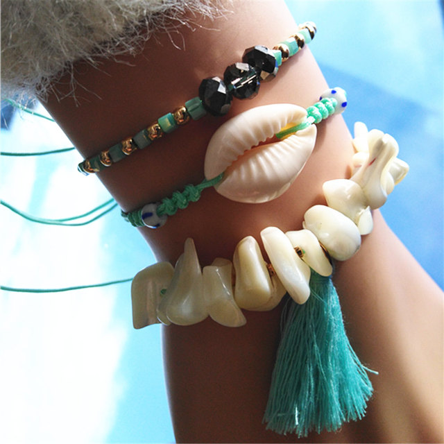 Crystal Bowknot Girl Shell Beads Anklets Fashion Summer Beach Bow Jewelry Charm Bracelets For Women Female Jewelry Gift