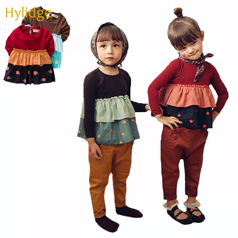 Hylidge/милые топы и блузки для маленьких девочек хлопковые Блузы с оборками в стиле пэчворк для девочек с принтом лотоса топы с длинными рукавами для девочек