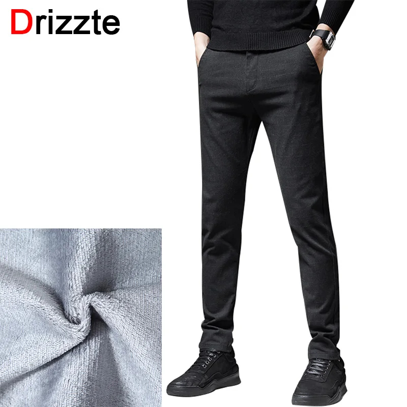 Drizzte Winter Fleece Mens Pants Dress Black Grey Trousers Casual Slacks Pants for Work Smart Casual for Winter