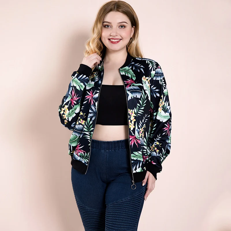 ONLY PLUS Short Coats Leaves Printed Zipper Jacket Women Autumn Casual XL-4XL Long Sleeve Sweetcoat Plus Size | Женская одежда