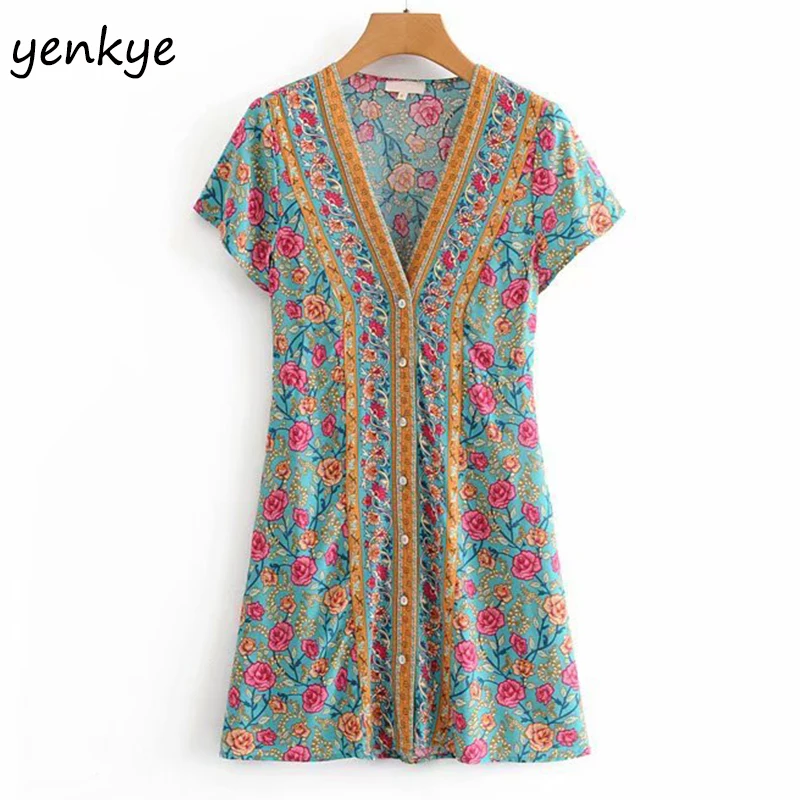 Summer Dress Women Back Lace Up Floral Print Boho Beach Short V Neck Holiday Casual A-line vestidos DJF8602 | Женская одежда