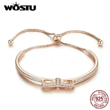 WOSTU Настоящее 925 пробы Серебряный сладкий браслет с бантами для женщин розовое золото свадебный любовник браслеты модные ювелирные изделия подарок CQB108-C