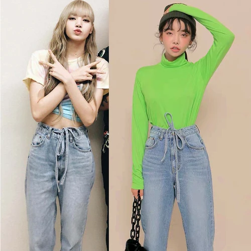 Kpop Blackpink lisa, корейский стиль ретро, свободные синие джинсы, широкие джинсы, женские Летние повседневные Прямые джинсы с высокой талией на шнуровке - Цвет: blue